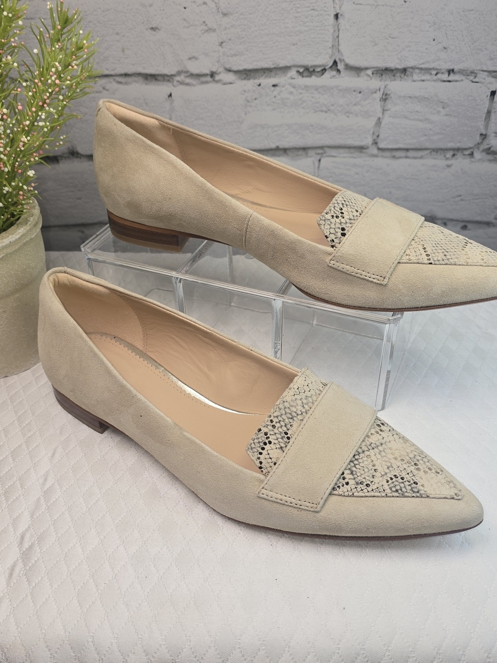 CLARKS LIANA 15 LOAFER TAUPE SUEDE SNAKESKIN POINTED TOE LOW HEEL WOMENS 10